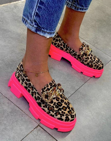 Geumxl Pink Sole Leopard Genuine Leather Genuine Suede Loafer Punk Design Shoes Women Spring Autumn Platform Shoes Round Toe Slip XJ0421