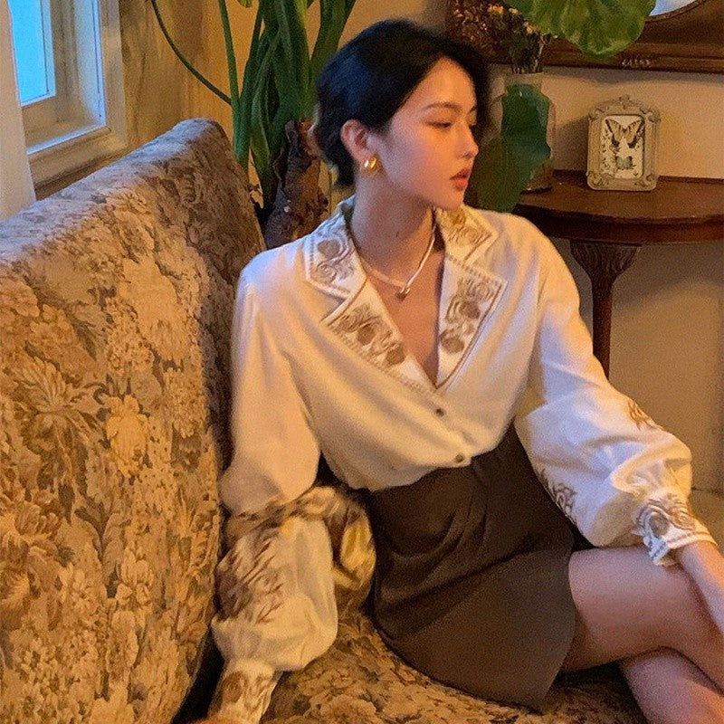 Geumxl Blouse Women Elegant Vintage Shirt Embroidered Floral Top Long Sleeve Korean Office Ladies Plus Size Luxury Designer Queen