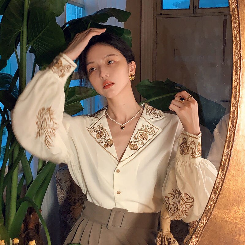Geumxl Blouse Women Elegant Vintage Shirt Embroidered Floral Top Long Sleeve Korean Office Ladies Plus Size Luxury Designer Queen