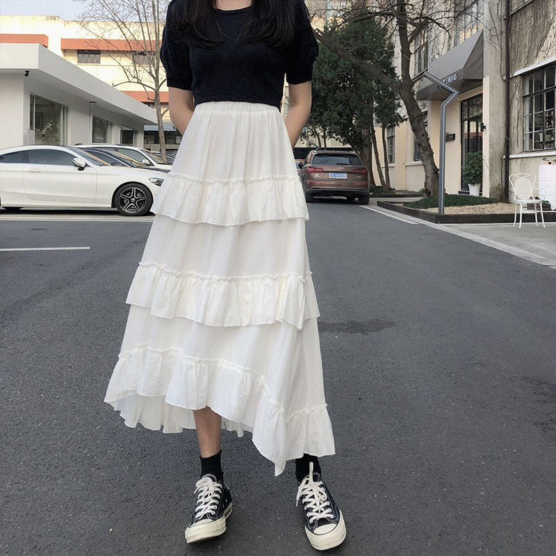 Midi Long Skirts Womens Maxi Skirt Goth Lolita Summer High Waisted Asymmetrical High Low Ruched Ruffle Skirts rok