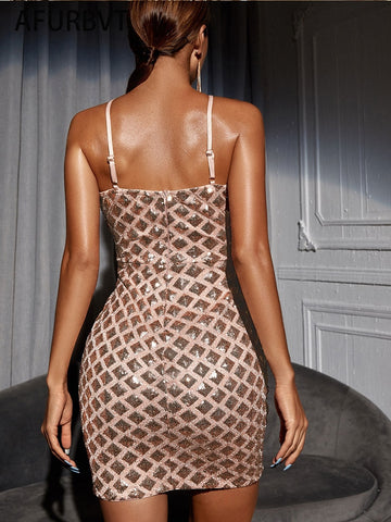 Sexy Champagne Cut Out Sleeveless Glitter Glue Bead Material Bodycon Party Dress Sequins Pencill Dress
