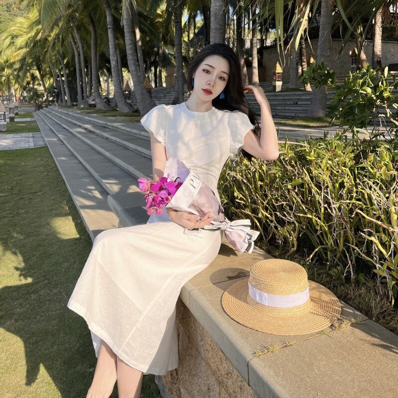 White Summer Beach Style Robe Women Puff Sleeve Chic and Elegant Ladies Sundress Hollow Out Guest Wedding Dresses