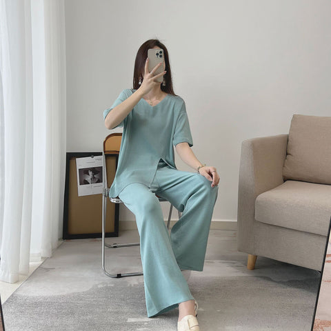 Geumxl Trouser Suits Summer Sweater Two Piece Set Women V-Neck Casual Suit Ladies Plus Size Designer Style Knitted Outerwear Lazy Oaf