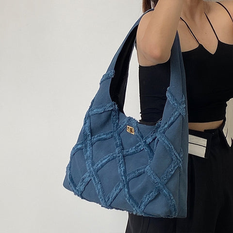 Geumxl Denim Design Women Tote Handbags Fashion Cloth Ladies Big Travel Underarm Bag Large Capacity Female Tassel Blue Shoulder Bags