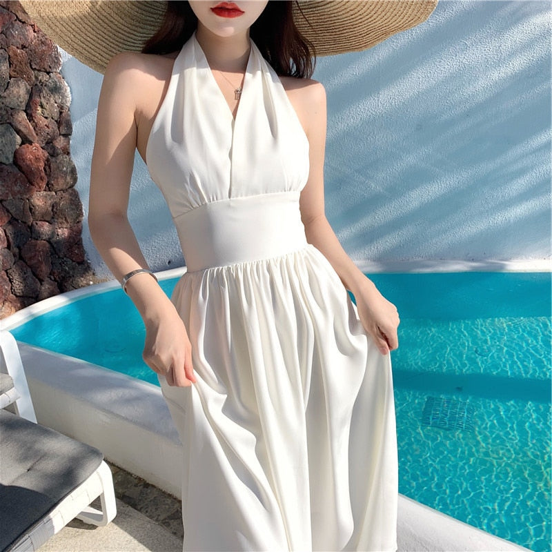 Geumxl Solid Color Neck-mounted Dress French Vintage Women Clothes Party Beach Style Summer Vacation Vestido De Mujer