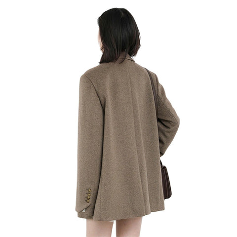 Geumxl Women Wool Blend Coat Solid Mid Long Woolen Blazer Thick Warm Blouse Women's Overcoat Office Lady Tops Autumn Winter