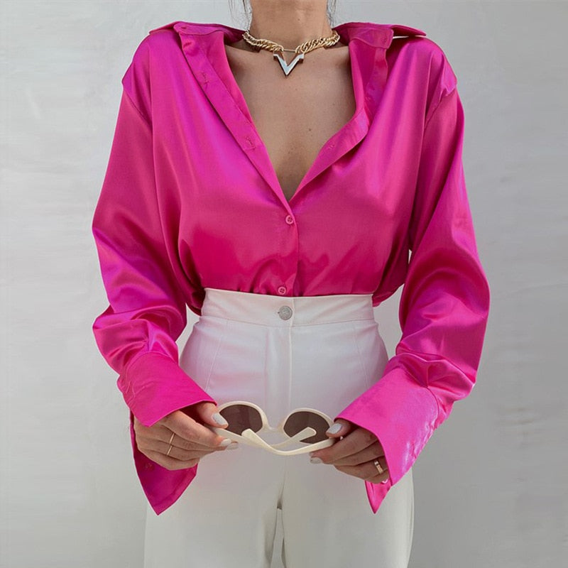 Satin Shirts For Women High Street Fashion Solid Turn Down Collar Long Sleeve Tops 2023 New Elegant Spring Office Ladies Shirt