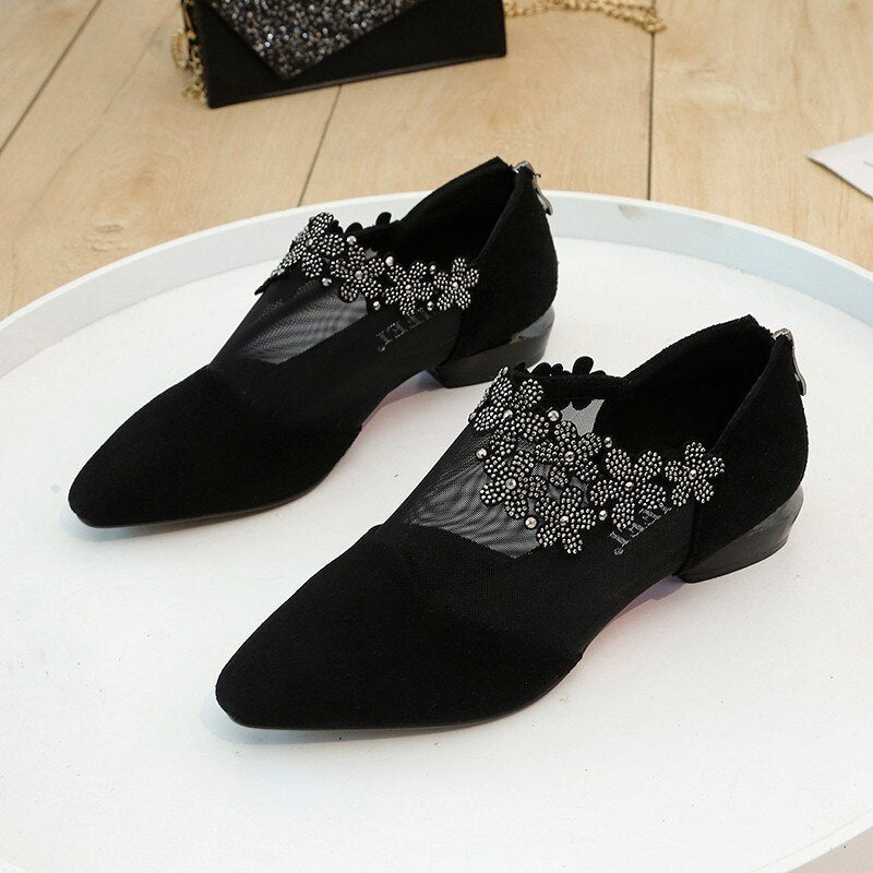 Geumxl Women Sandals Retro Wedge Luxury Rhinestone Elegant Flower Mesh Casual Light Breathable Back Side Zipper Flat Shoes Plus Size