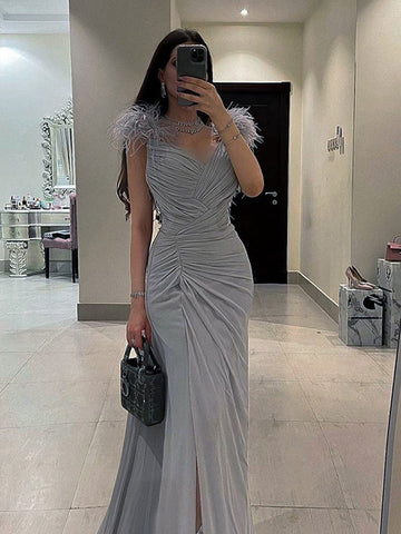 Geumxl elegant Feather Y2K Clothes Sleeveless Backless Side Slit Bodycon Maxi Dresses For Women 2023 Club Party Evening
