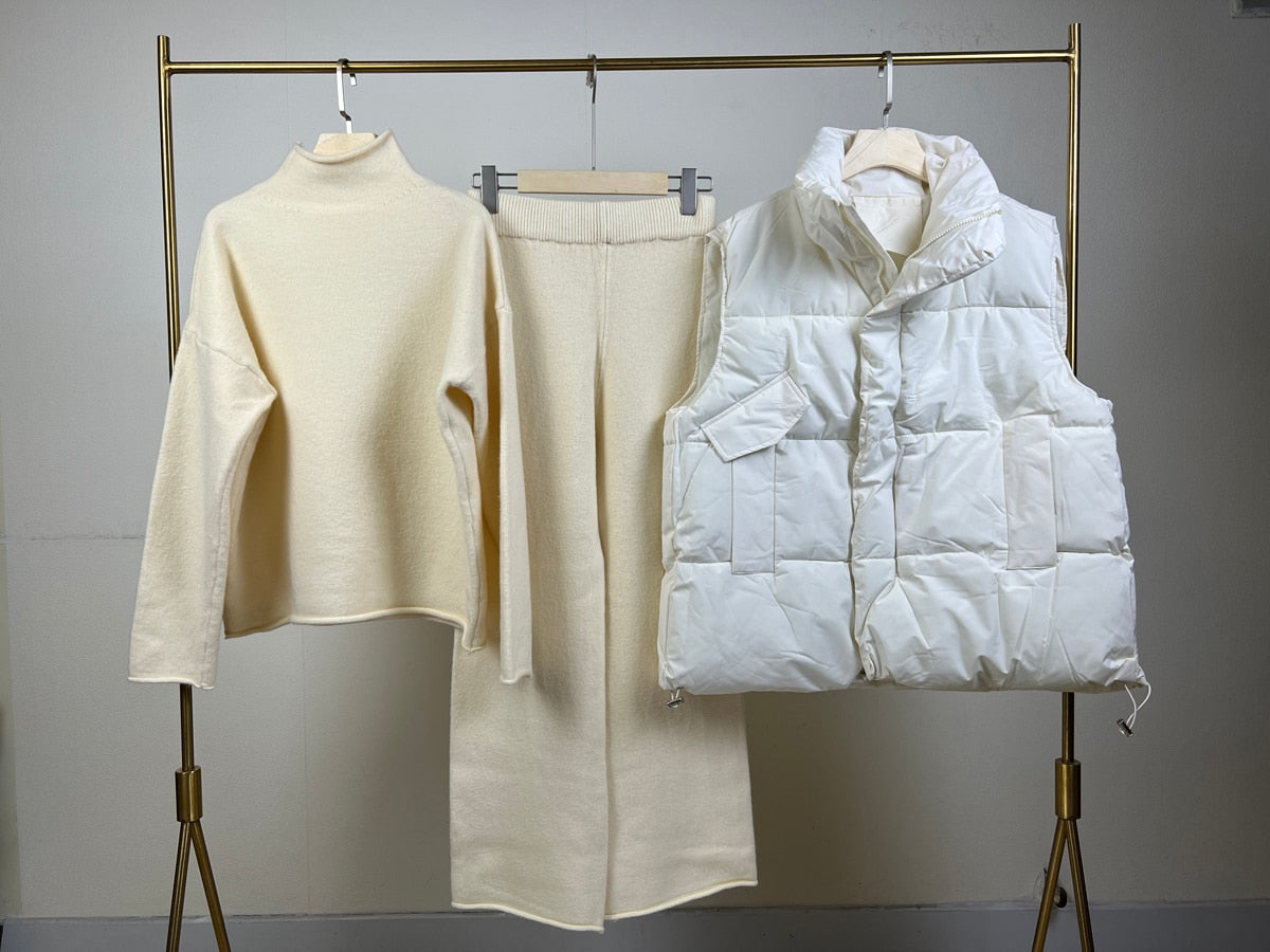 Knit Winter Warm Tracksuit 3 Piece Set Women Casual Turtleneck Sweater Sets Womens Outfits Wide Leg Pants Suits For Women 2022