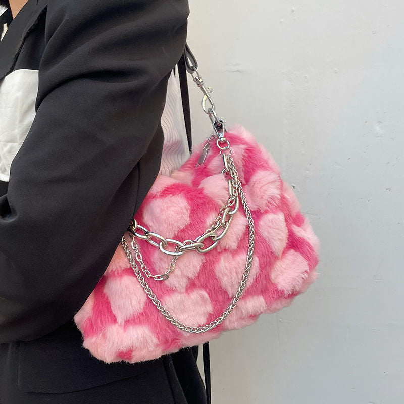 Geumxl Back to School Y2k Hot Girls Pink Love Underarm Bags Soft Plush Heart Pattern Ladies Shoulder Bag Female Chain Furry Crossbody Bag Handbags
