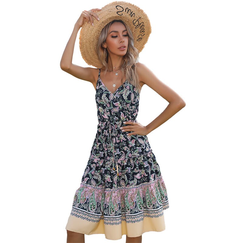 Geumxl Dresses For Women 2023 Summer Print Beach Holiday Bohemian Spaghetti Strap Dress V-Neck Vestidos Mujer Ethnic Female New Fashion