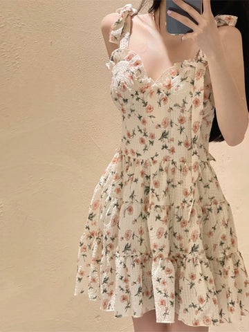 Geumxl--hoco dresses  Casual Beach Straps Dress Women Slim 2024 Summer Sweet Elegant Y2k Mini Dress Fairy Sleeveless Floral One Piece Dress Korean