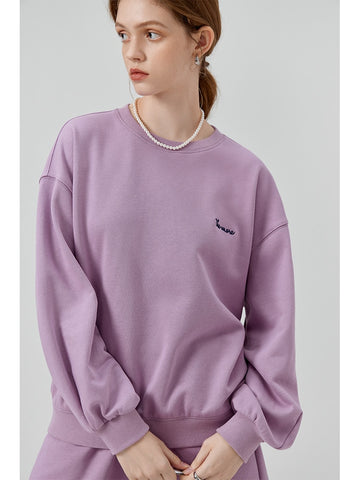 Geumxl 100% Cotton Oversized Sweatshirt Shorts Sets Autumn  Round Neck Drop Sleeve Purple Pullovers Women Elastic Waist Shorts