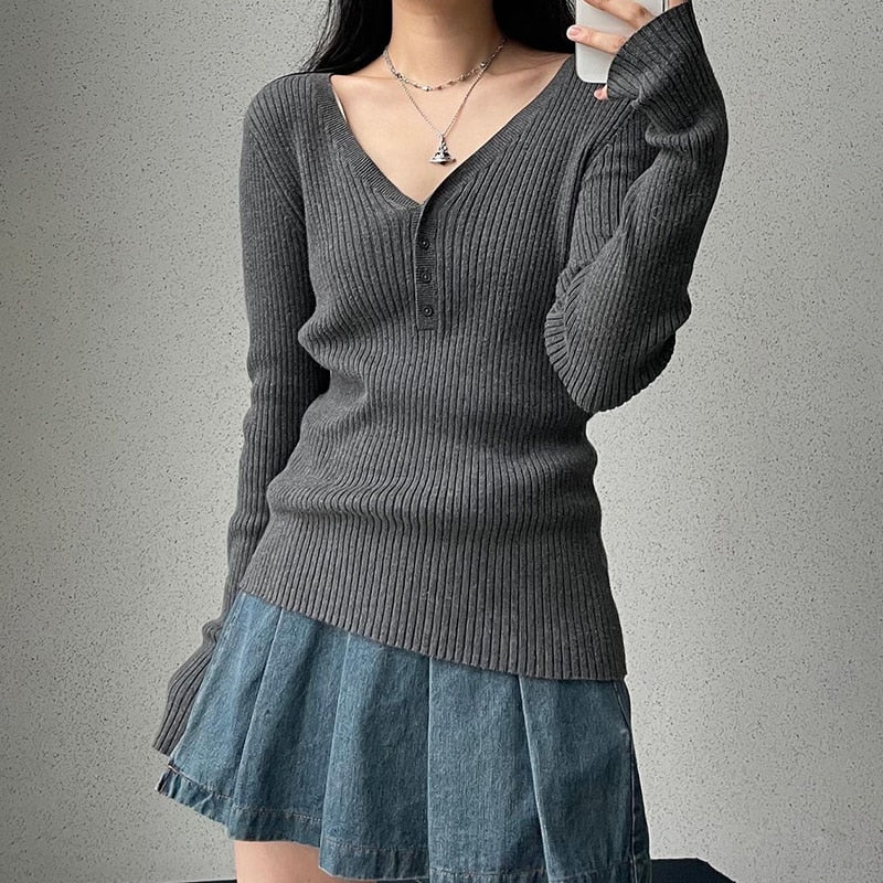 Geumxl V Neck Basic Buttons Dark Grey Autumn Women Sweaters Pullovers Korean Clothes Casual Jumpers Knitted Preppy Style Top