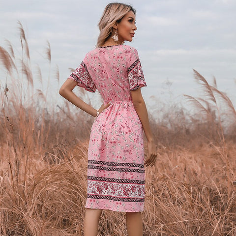 Summer 2022 Women Midi Dress Pink Floral Lace-Up Short Sleeve V-Neck Bohemian Dresses Casual Female Vestido Outfit