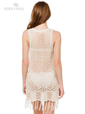 Geumxl--hoco dresses  White Crochet Tunic Bikini Cover-Ups Sexy Hollow Out Sleeveless Fringed Mesh Dress Women Beach Wear Casual Mini Dress Q1398