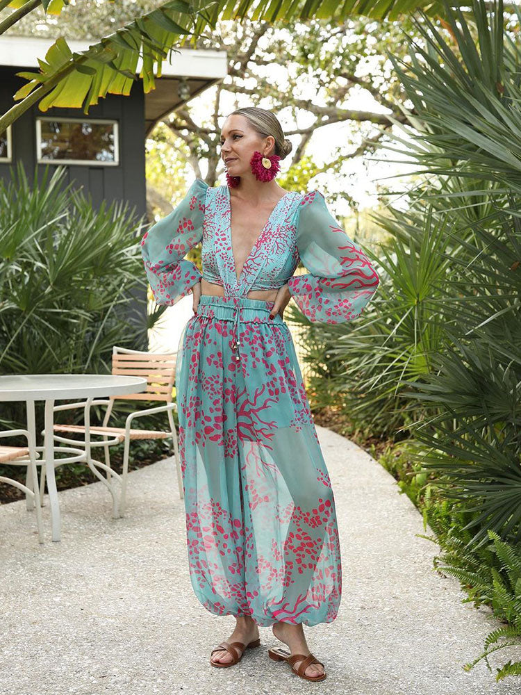 Geumxl 2023 Printed See-Through Chiffon Sexy Deep V Jumpsuit Women Summer Loose Party Playsuits Backless Office XL Jumpsuits A1065