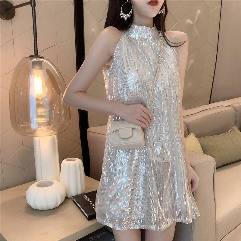 Korean Version Of Nightclub Sequins Backless Hip Female 2022 Spring/Summer New Fashion Black Sexy Strap Dress Backless Sexy