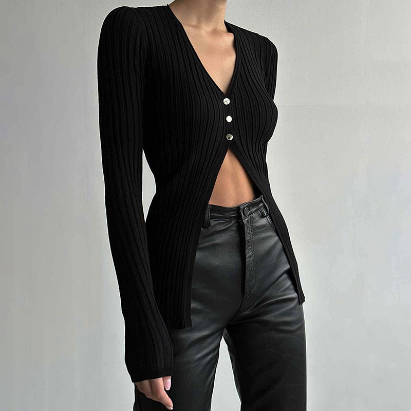 Streetwear Fashion Black Knit Cardigan for Women V Neck Buttons Autumn Sweater Slim Basic Knitwear Elegant Tops
