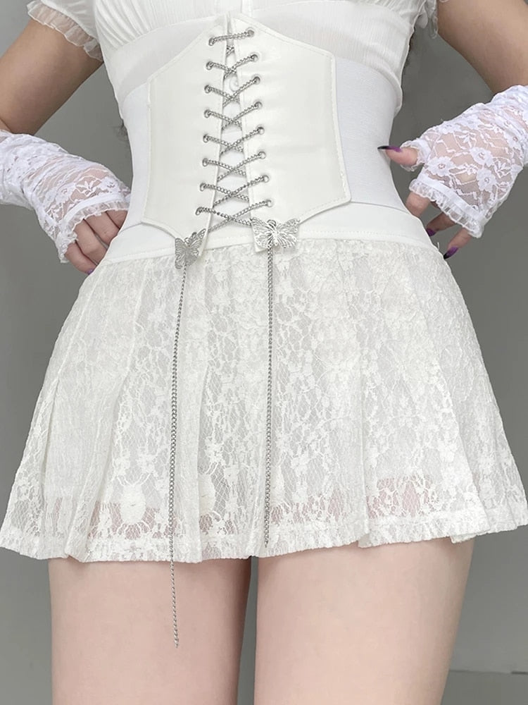 Geumxl Y2k Lace Pleated Skirts Fairycore Cute Sweet Mini Skirts Women Prepply Aesthetic Sexy Short Skirts 2022 Vintage New Clothes