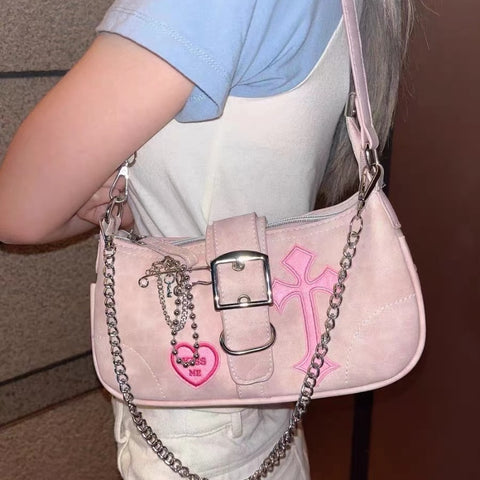 Y2K Sweet Cool Women's Underarm Bag Hot Girls Pink Shoulder Bags Messenger Bag Retro Design Female Chain Purse Armpit Handbags