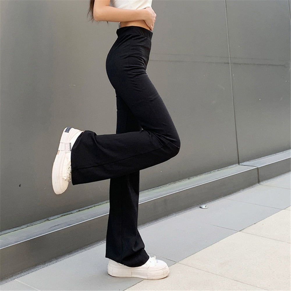 Geumxl Vintge Women Fashion Elastic Waist Black Flared Pants Solid Color High Waist Wide Leg Trousers Casual Hipster Streetwear Pants