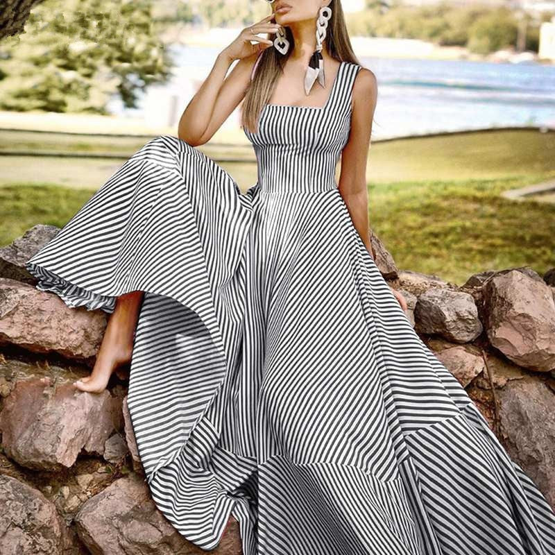 Geumxl Holiday Long Maxi Dresses Womens France Elegant Tank Dress 2023 Summer Chic A Line Robe Party Striped Sleeveless Sundress