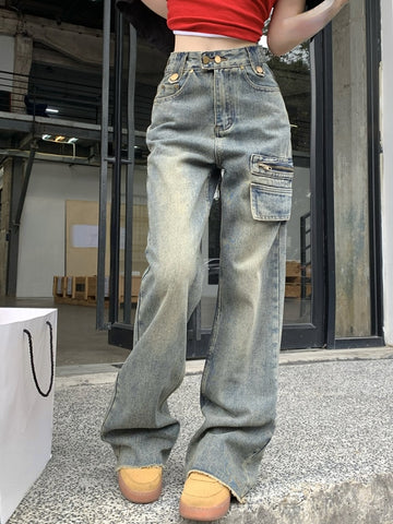 Back to School Korean Vintage Y2k Baggy Trousers Women Casual Pure Color Denim Jeans Office Lady High Waist Straight Pants Fashion Summer 2023