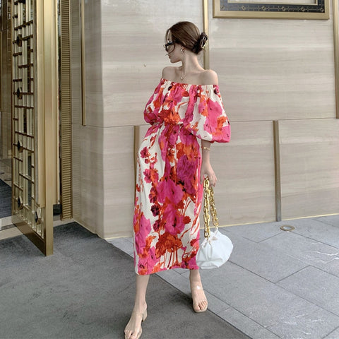 Slash Neck Beach Style Maxi Dress for Women Summer Puff Sleeve Plus Size Vintage Ankle-Length Dresses Ladies Elegant 2023