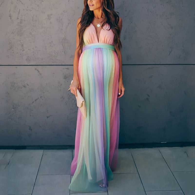 Geumxl Rainbow Tulle Maternity Dresses For Photography Long Pregnancy Photo Shoot Prop For Baby Showers Pregnant Women Maxi Gown