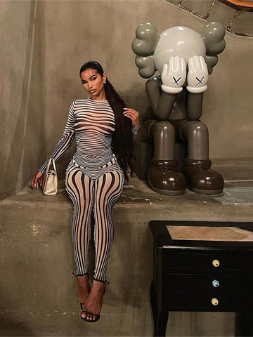 Mesh Striped Two Piece Set Women Sheath Body-Shaping High Street Sexy Hipster Long Sleeve O-Neck Female Streetwear Outfits