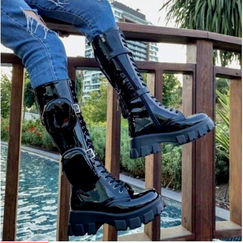 Thanksgiving Day Gift Geumxl New High Top Botas Women Motorcycle Over Knee Wedge Lace Up Platform Spring Black Leather Oxford Shoes Women 2022 Botas Mujer