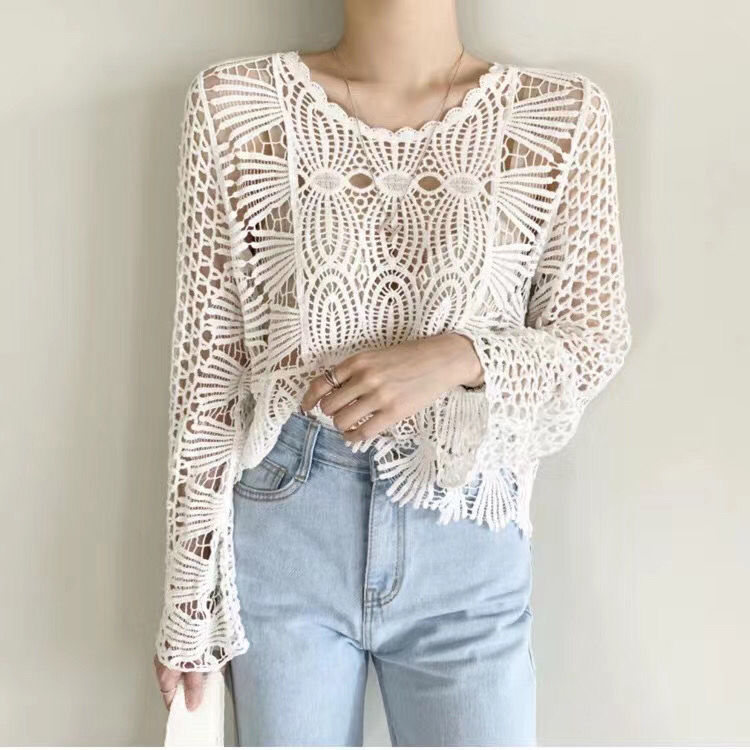 Hollow Sunscreen Cardigan Shirt Fashion Sexy Summer Lace Tops New Korean Loose Long-Sleeved Hollow Out Blouse