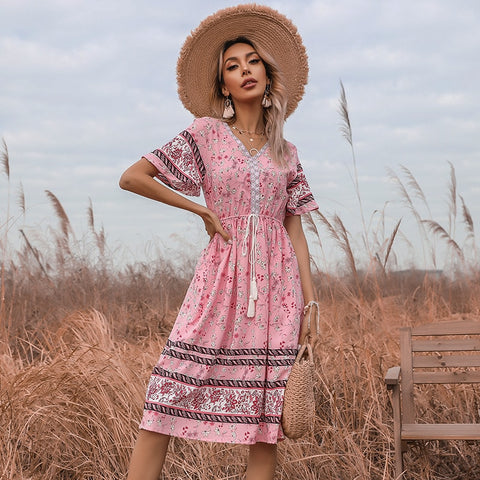 Summer 2022 Women Midi Dress Pink Floral Lace-Up Short Sleeve V-Neck Bohemian Dresses Casual Female Vestido Outfit