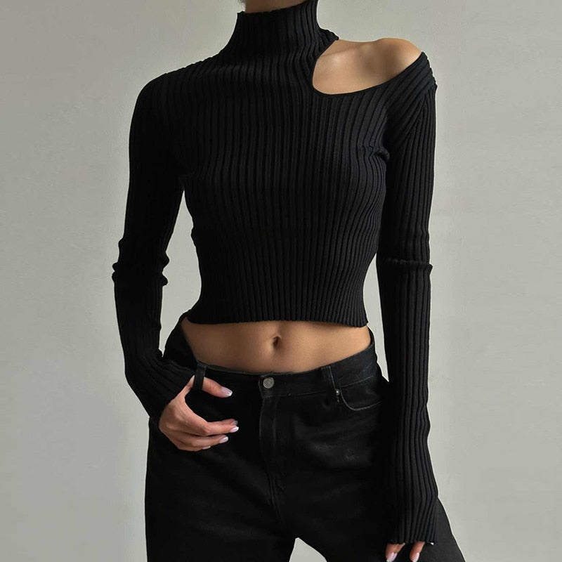 Geumxl Fashion Chic Black Basic Turtleneck Sweater Women Tops Elegant Solid Cut Out Pullover Autumn Winter Sweaters Knitted