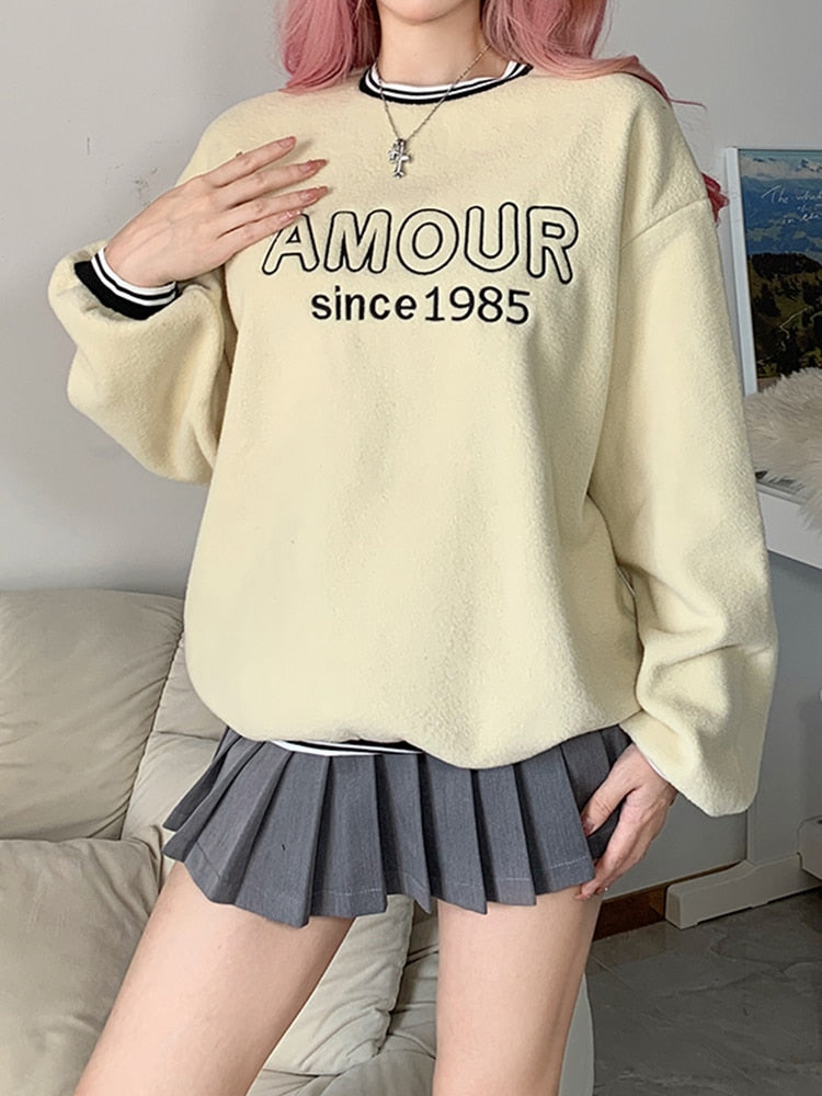 Korean Fashion Loose Fleece Winter Pullover Women Tops Letter Embroidery Stripe Sweatshirt Preppy Style Cute Hoodies