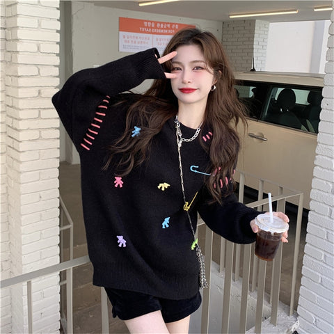 Geumxl Black White Winter Fall Turtleneck Sweater Women Knit Long Sleeve Tops Korean Fashion Style Oversized Cute Bear Sweater Women