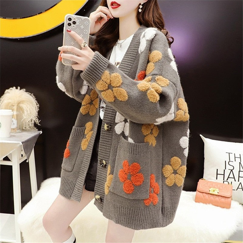 Geumxl Floral Cardigans Knit Sweater Women Autumn Winter Maxi Loose Soft Korean Coat Punk E-Girl Y2k E-Girl Knitted Jacket Cardigan