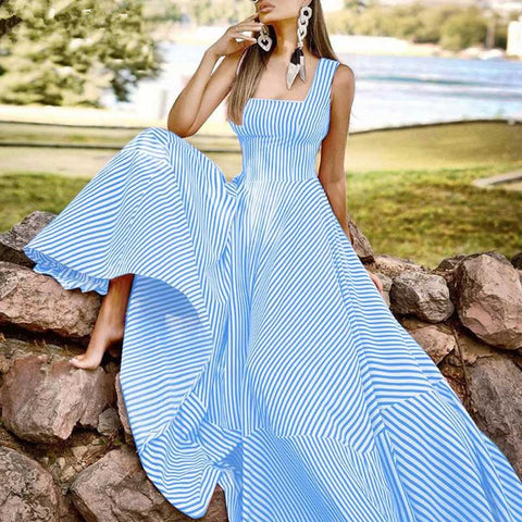 Geumxl Holiday Long Maxi Dresses Womens France Elegant Tank Dress 2023 Summer Chic A Line Robe Party Striped Sleeveless Sundress