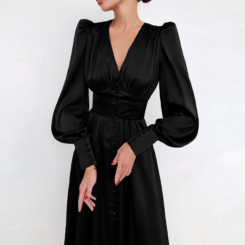 Geumxl  Graduation Party Puff Sleeve Vintage Satin Midi Dress Women V-Neck Party Pleated Dress Black Elegant Bodycon
