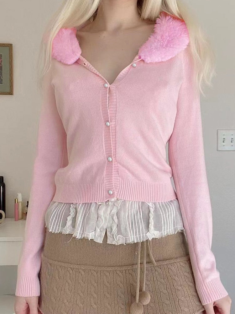 Geumxl Sweet Kawaii Pink Autumn Cardigans Women Pearls Button Female Sweater Knitted Korean Fashion Fur Trim Collar Jackets