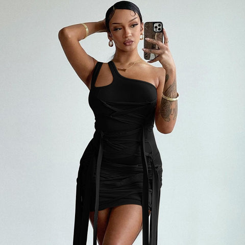 Geumxl New Solid Color Sexy One-shoulder Strap Skinny High-waisted Hip Wrap Bodycon Dress Fringed Irregular Mini Dresses