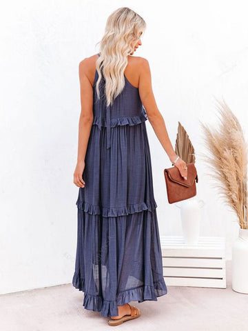 Geumxl 2022 Sexy Blue Ruffled Halter Neck Sleeveless Maxi Dress Casual Women Summer Clothes Streetwear Sundress Vestido De Mujer A1228