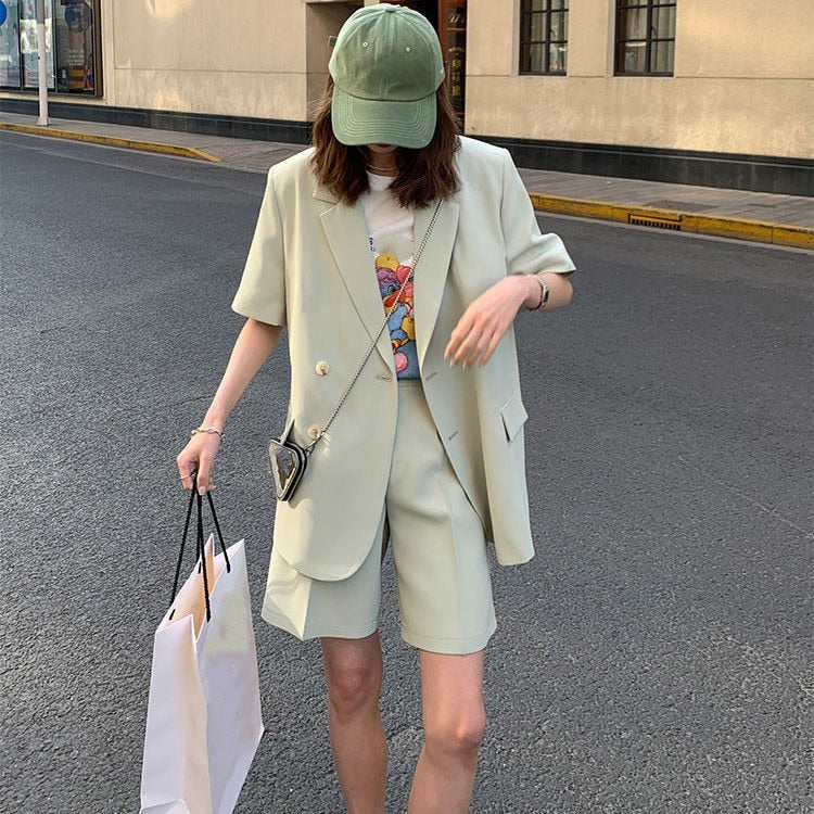 Korean Loose 2 Piece Women Short Set With Blazer Summer 2022 Thin Short-sleeved Blazers + Shorts Casual Office Ladies Suits