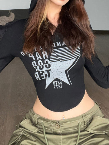 Geumxl Grunge Gothic Skinny Hooded Women T-Shirts Autumn Crop Top Letter Star Pattern Tee Shirts Harajuku Buttons Academia