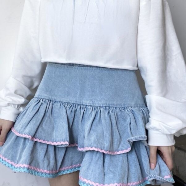 Back to School Sweet Lolita Style Mini Skirts Women Harajuku Cute Preppy Style Jk Denim Skirt Japanese Girls Sexy Punk High Waist Tiered Skirt