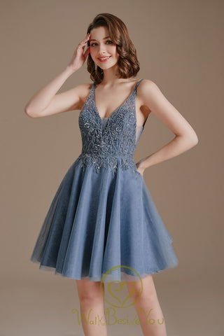 Beading Prom Dresses 2023 Gray-Blue Tulle Lace V Neck Sleeveless A Line Short Mini Evening Gown Formal Birthday Party Graduation