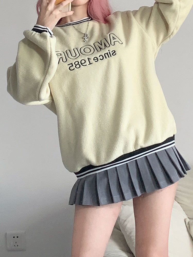Korean Fashion Loose Fleece Winter Pullover Women Tops Letter Embroidery Stripe Sweatshirt Preppy Style Cute Hoodies