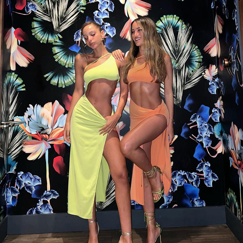 One Shoulder Hollow Out Sexy Bodycon Midi Dress Women Side Split Elegant Vacation Beach Party Club Dresses Orange Summer 2023